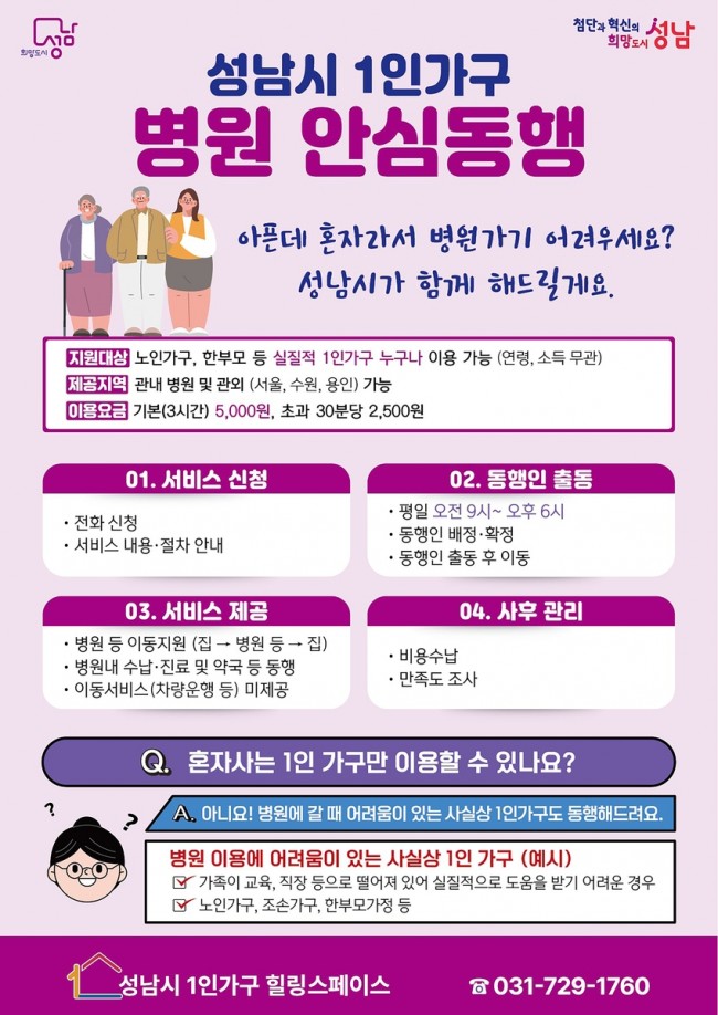 성남시, '1인 가구 병원 안심 동행' 전문 인력 5명으로 늘려