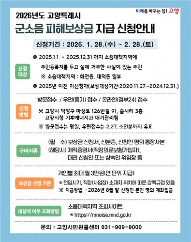 고양시, 2026년도 군소음 피해보상금 접수