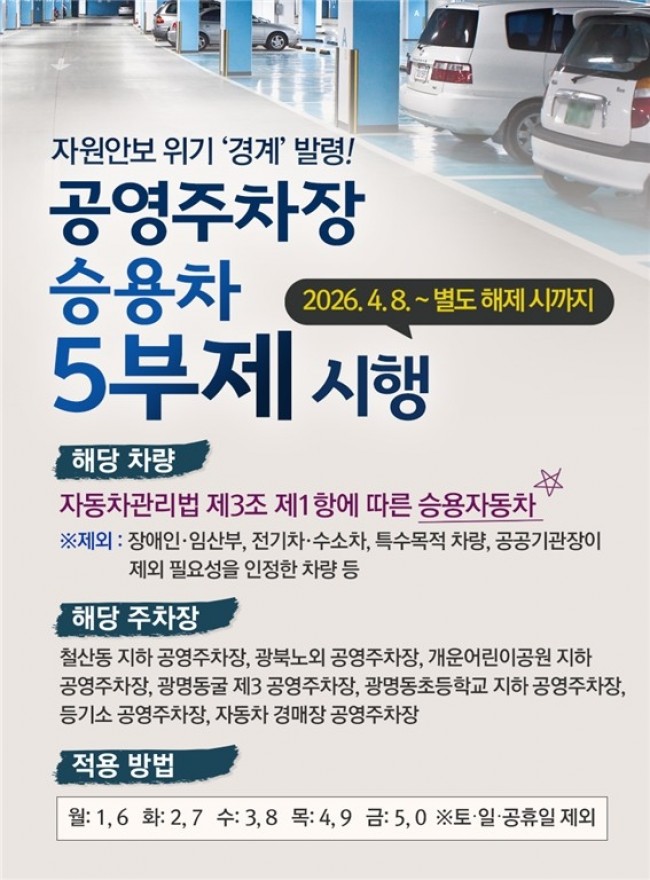 광명시, 8일부터 공영주차장 7곳 '승용차 5부제' 시행