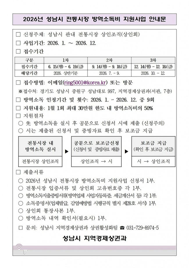 성남시, 전통시장 방역소독비 지원 확대