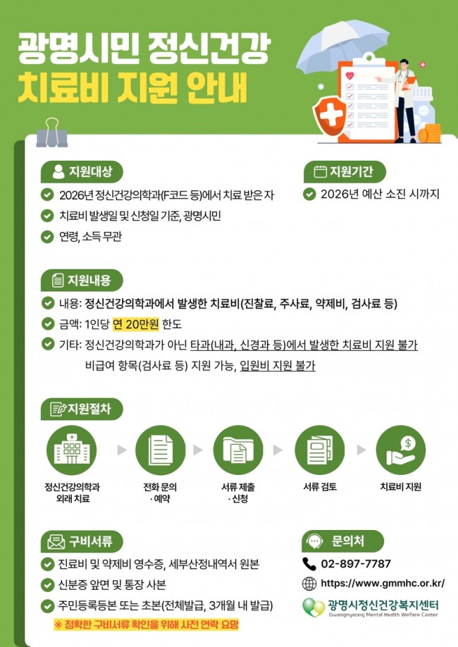 광명시, 정신건강 치료비 1인당 20만 원 지원